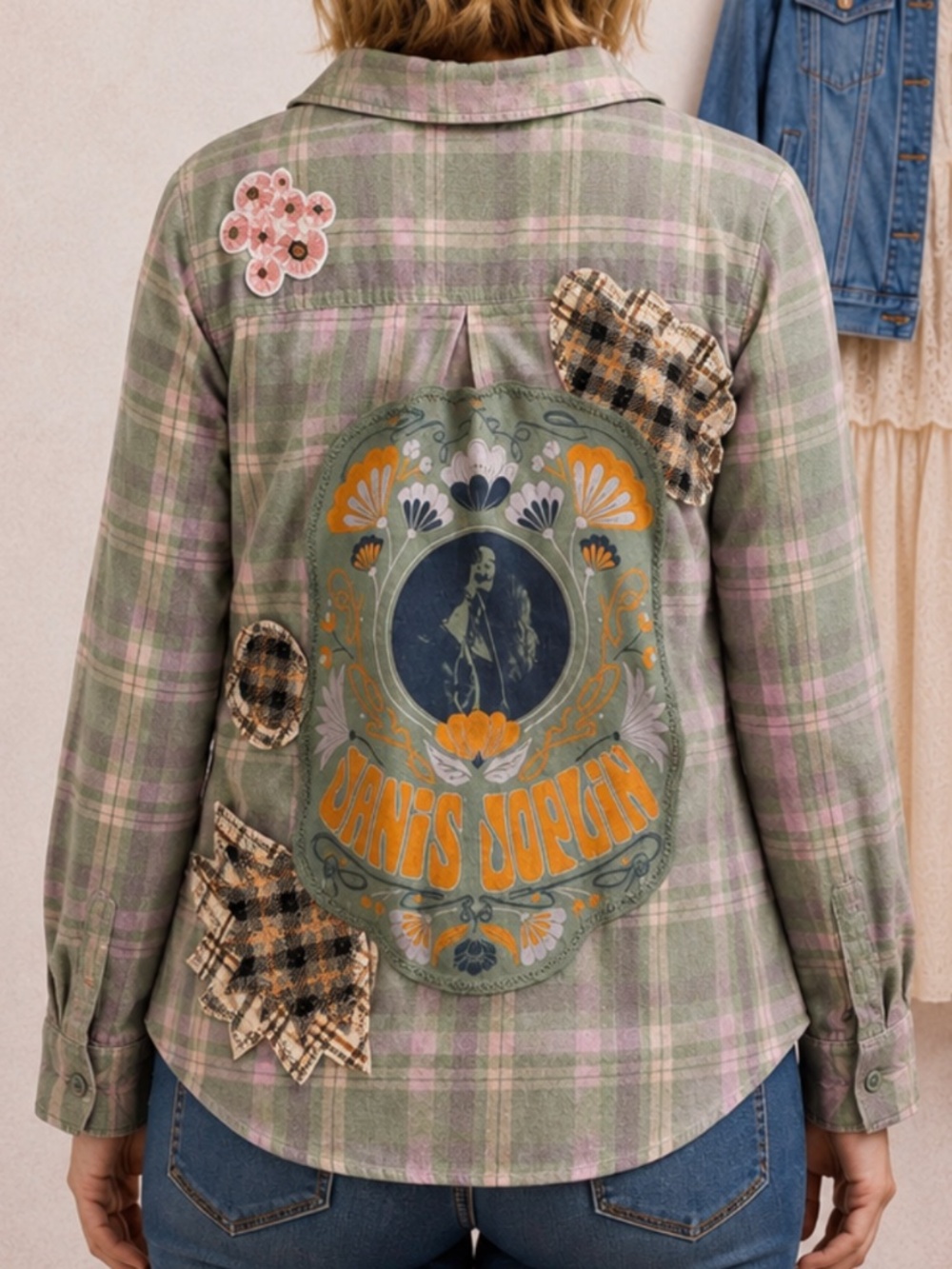 Custom Upcycled Flannel BAND TEE TOP JANIS JOPLIN